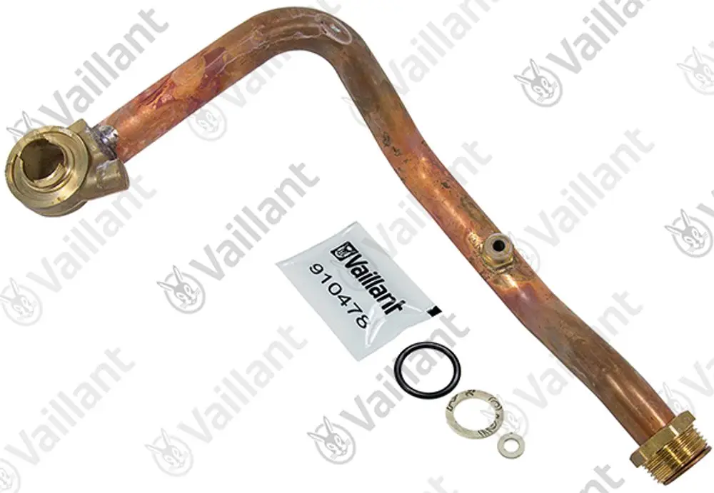 Vaillant Rohr aus Kupfer mit Anschlussstück und Dichtungen, geeignet für Heizungsinstallationen. Bestandteil eines Heizsystems zur Wasserleitung.